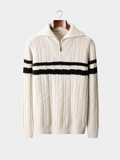 Pull torsadé rayé demi-zip blanc, vue de côté