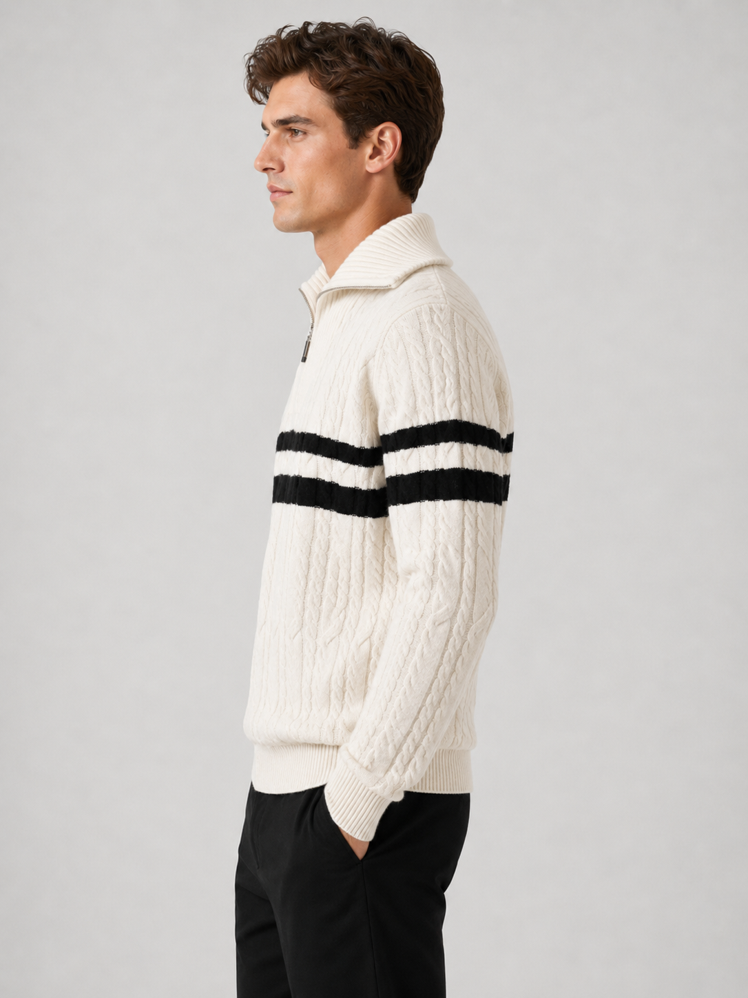 Pull torsadé rayé demi-zip blanc, vue de dos
