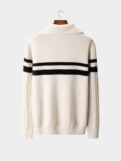 Pull torsadé rayé demi-zip blanc, détail poignets
