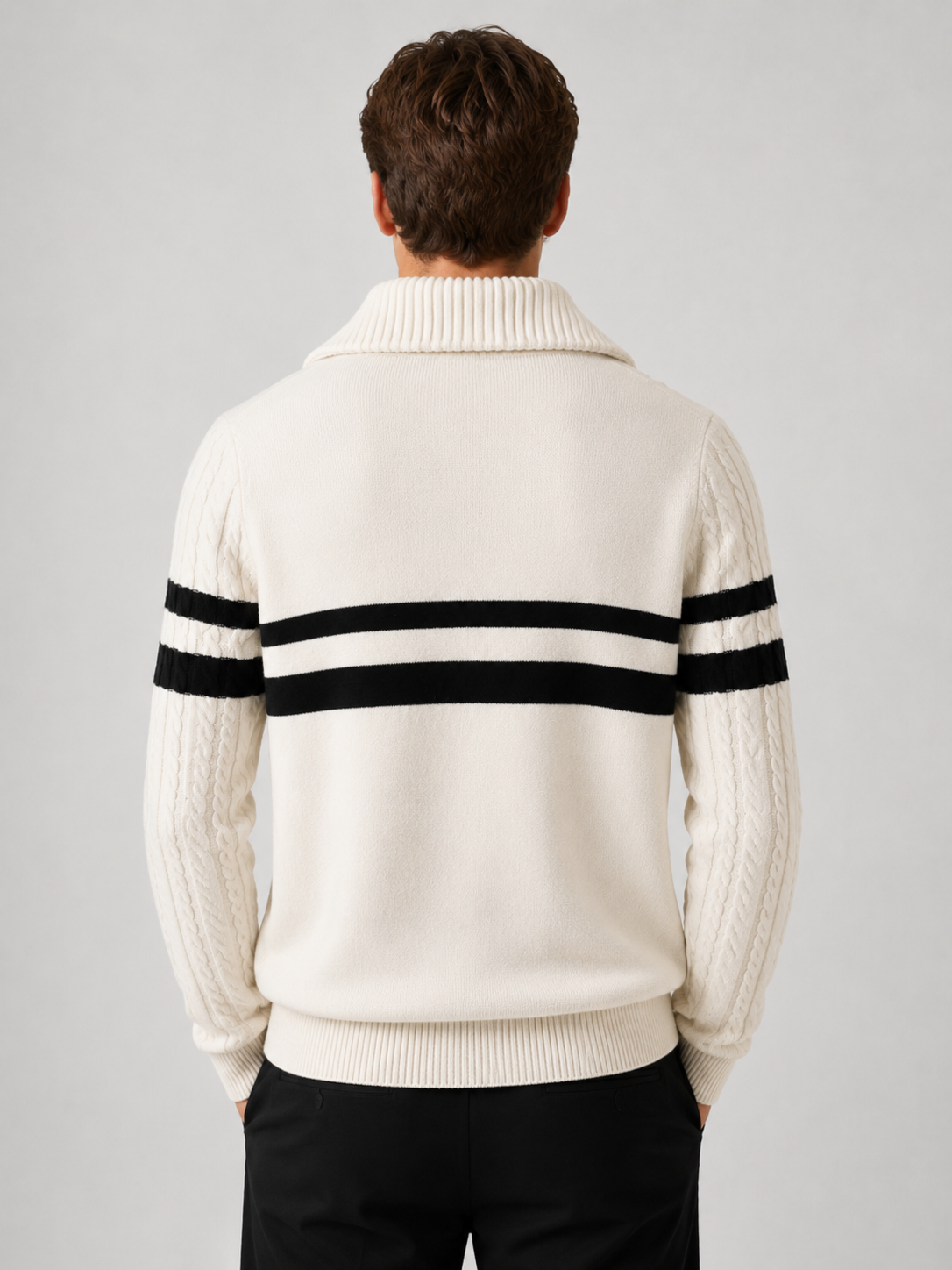 Pull torsadé rayé demi-zip blanc, détail zip