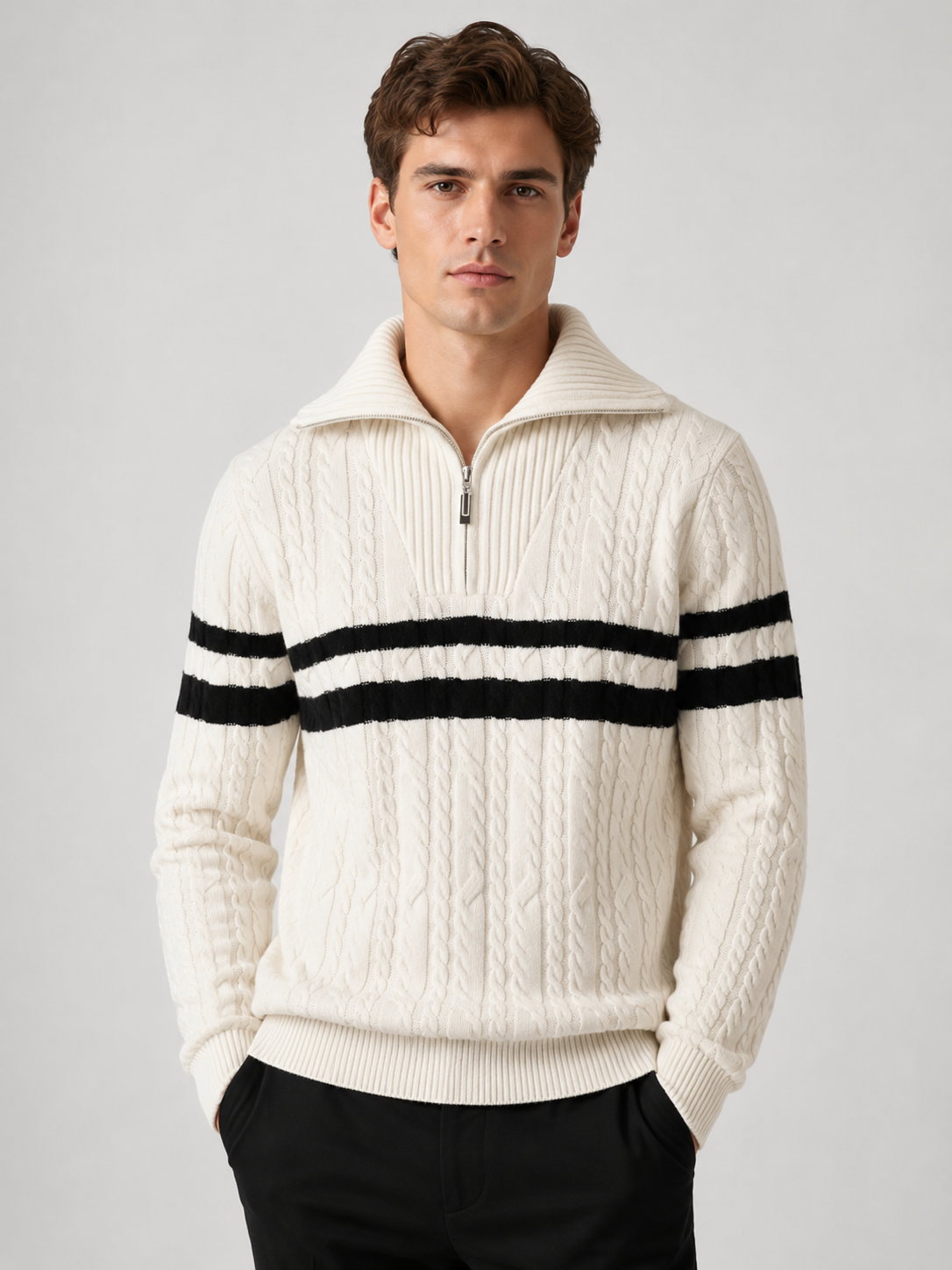 Pull torsadé rayé demi-zip blanc, vue de face