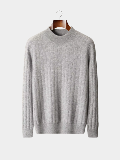 Pull col montant texturé gris clair, vue de côté
