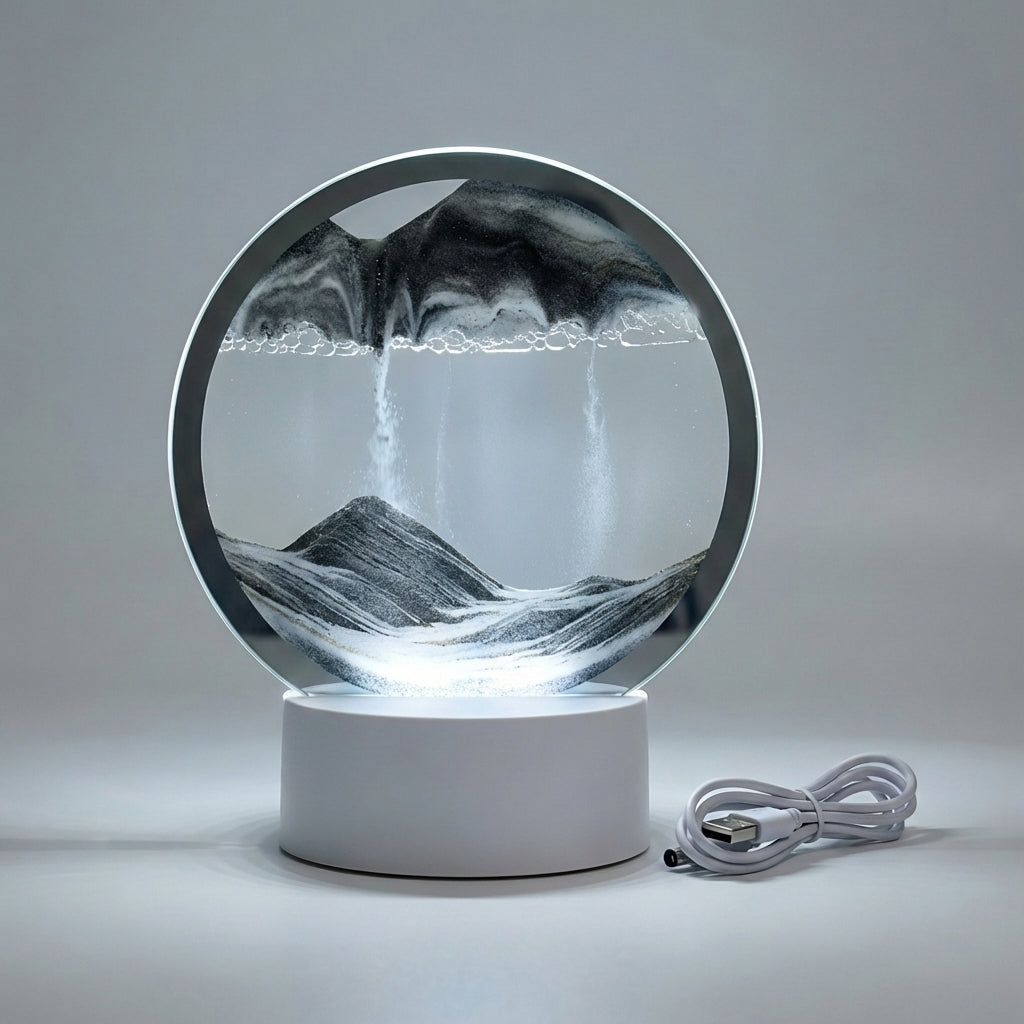 Détail du mouvement du sable dans la lampe Aqua Drift