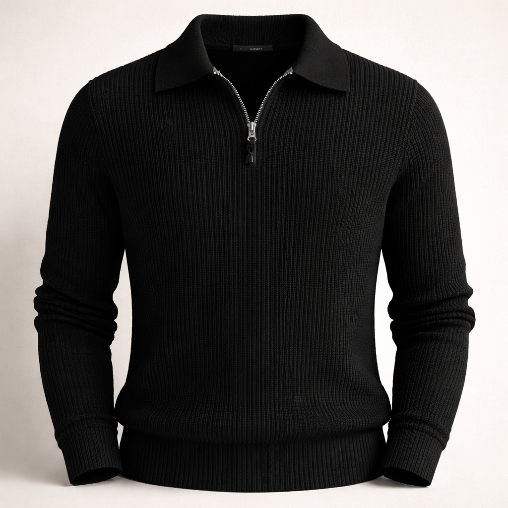 Pull demi-zip col revers côtelé noir