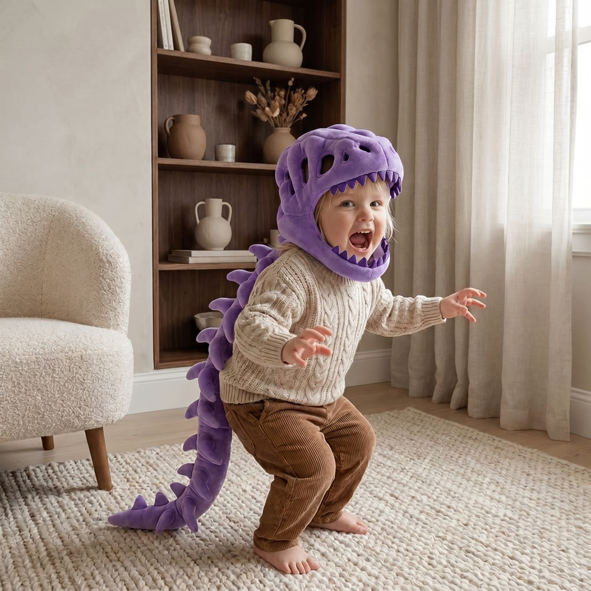 Capuche peluche dinosaure violette pour enfant