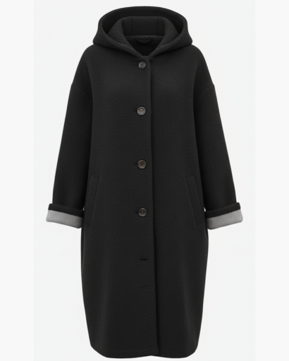Manteau femme en laine oversize à capuche porté en ville