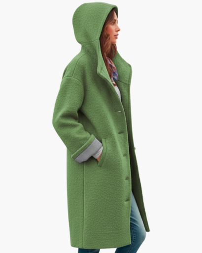 Manteau femme en laine oversize à capuche porté en ville