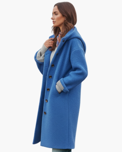 Manteau femme en laine oversize à capuche porté en ville