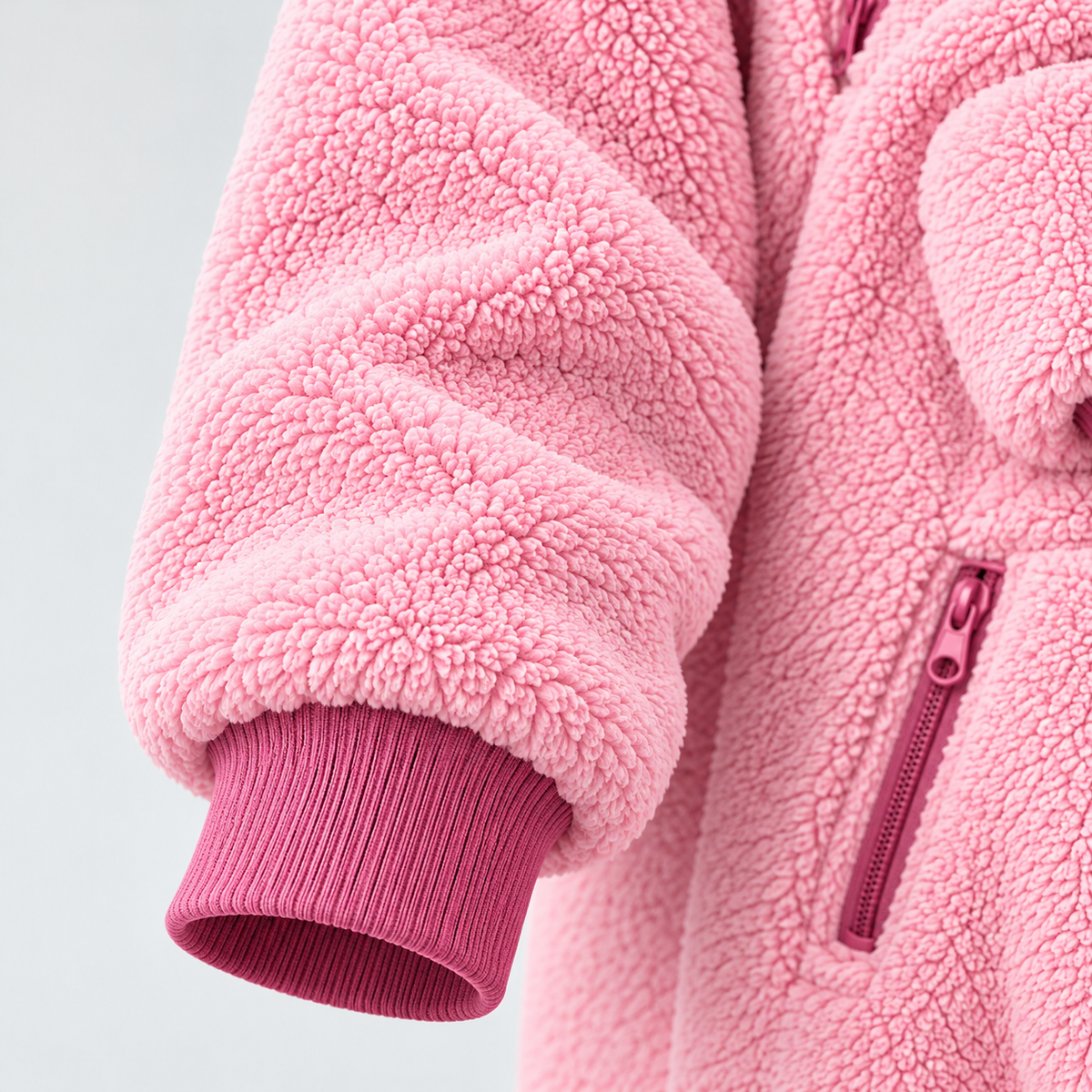 Détail de la manche et du poignet côtelé du sweat de portage rose