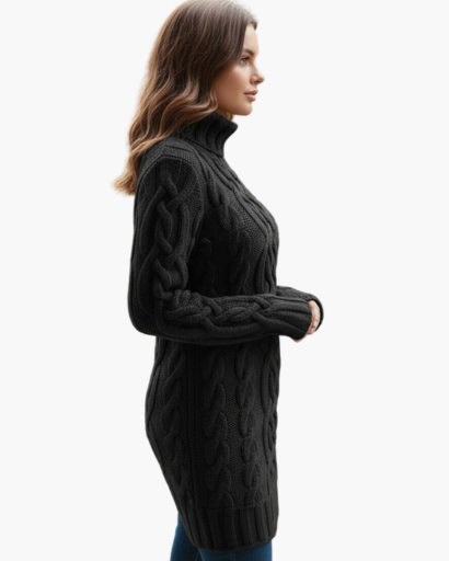 Robe Pull Col Roulé Femme Tricot Torsadé – Coupe Évasée & Chaleur | Style Chic Automne Hiver