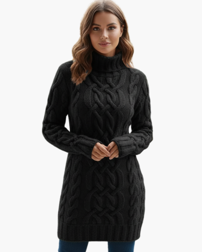 Robe Pull Col Roulé Femme Tricot Torsadé – Coupe Évasée & Chaleur | Style Chic Automne Hiver
