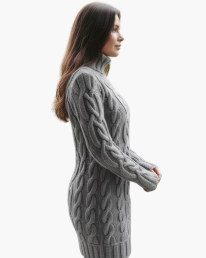 Robe Pull Col Roulé Femme Tricot Torsadé – Coupe Évasée & Chaleur | Style Chic Automne Hiver