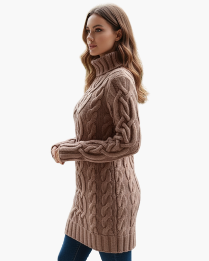 Robe Pull Col Roulé Femme Tricot Torsadé – Coupe Évasée & Chaleur | Style Chic Automne Hiver