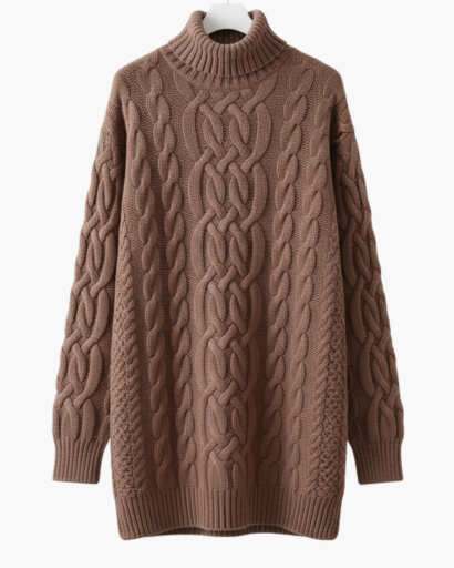 Robe Pull Col Roulé Femme Tricot Torsadé – Coupe Évasée & Chaleur | Style Chic Automne Hiver