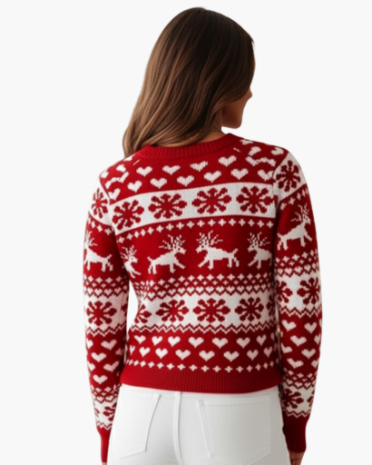 Pull de Noël Femme Motif Renne & Flocons rouge - vue de dos - Melvoire