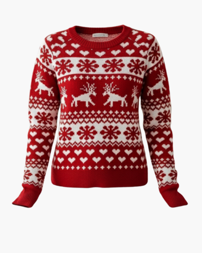 Pull de Noël Femme Motif Renne & Flocons rouge - à plat, vue de face - Melvoire