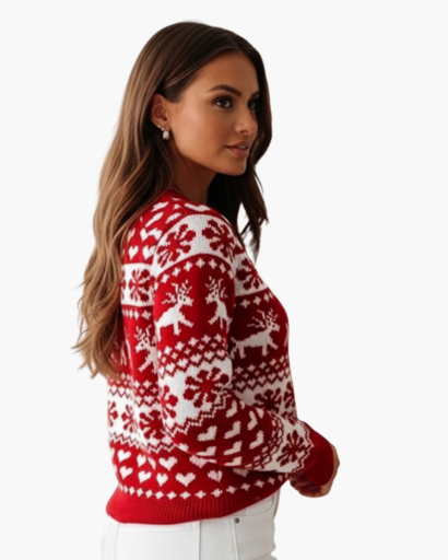 Pull de Noël Femme Motif Renne & Flocons rouge - vue de côté - Melvoire