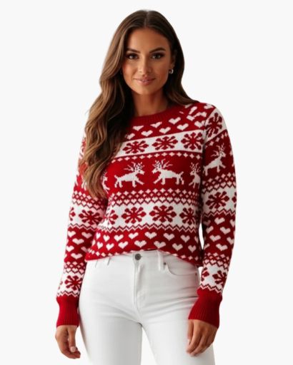 Pull de Noël Femme Motif Renne & Flocons rouge - vue de face (mannequin 1) - Melvoire