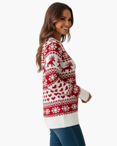 Pull de Noël Femme Motif Renne & Flocons blanc - vue de côté - Melvoire