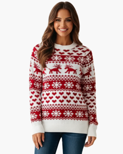 Pull de Noël Femme Motif Renne & Flocons rouge - vue de face (mannequin 2) - Melvoire