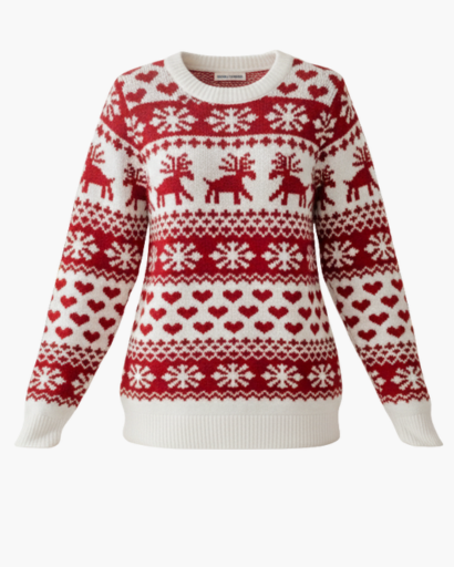 Pull de Noël Femme Motif Renne & Flocons blanc - à plat, vue de face - Melvoire