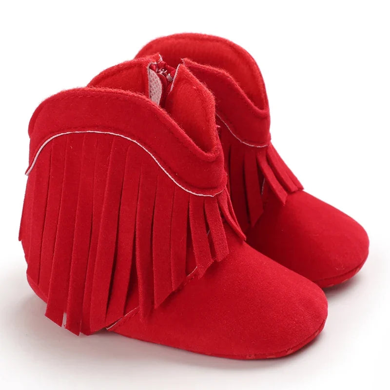 Bottine bébé rouge à franges avec fermeture zippée sur le côté
