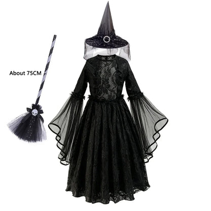 Robe gothique noire avec chapeau de sorcière et balai jouet