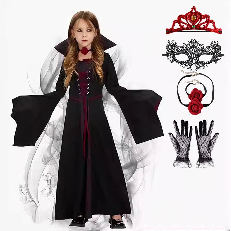 Robe de reine vampire avec tiare, masque, collier et gants en dentelle