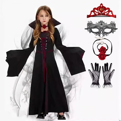 Robe de reine vampire avec tiare, masque, collier et gants en dentelle