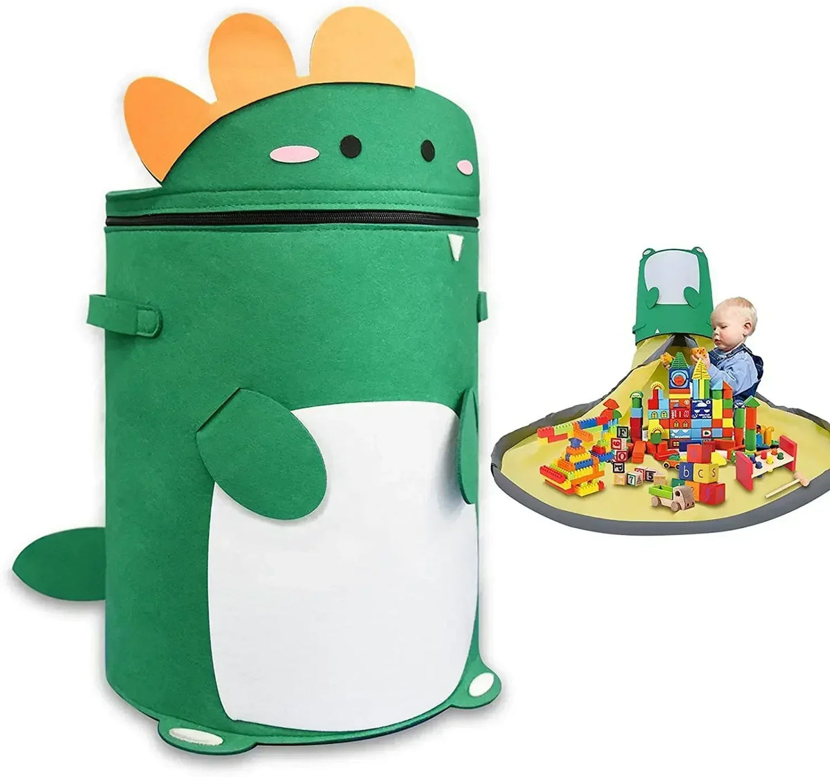 Panier de rangement en feutre dinosaure vert avec tapis de jeu et blocs de construction