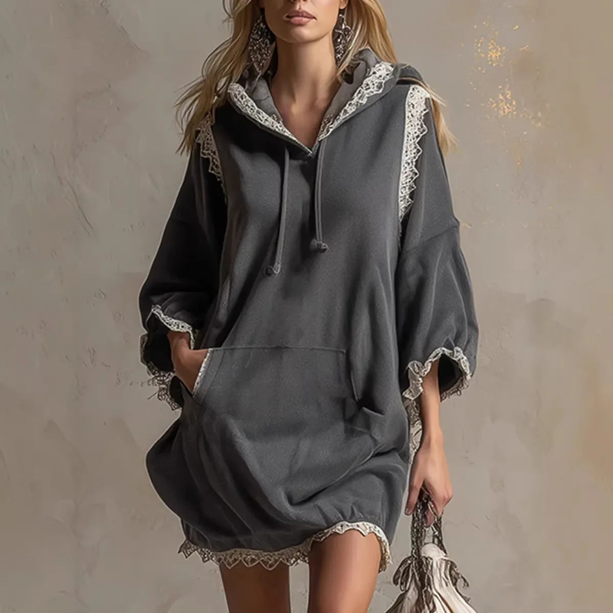 Robe sweat grise à capuche avec bordure en dentelle, vue de face gros plan