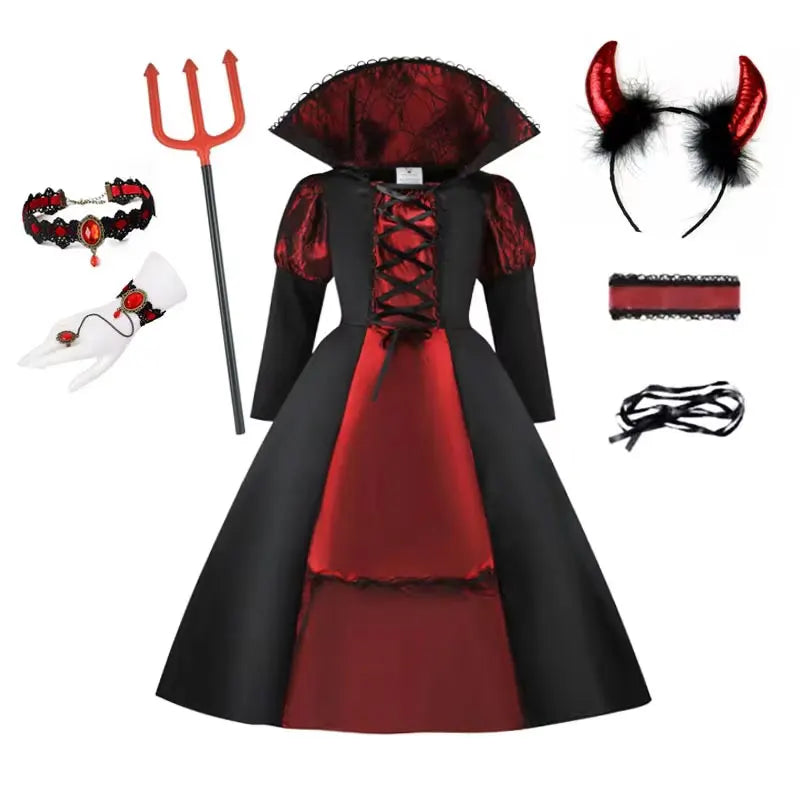Déguisement de vampire fille avec robe, fourche, cornes de diable, bracelet et gants