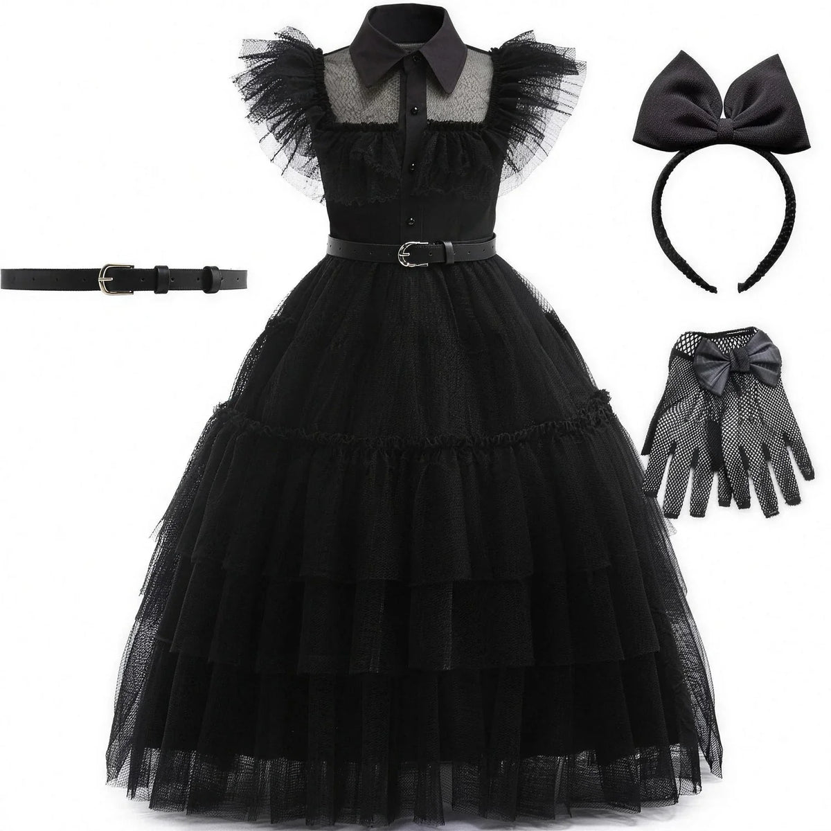 Robe écolière gothique avec headband nœud et gants résille