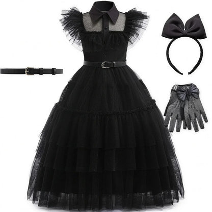 Robe écolière gothique avec headband nœud et gants résille