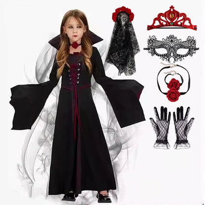 Robe de reine vampire avec tiare, masque, collier, gants et voile