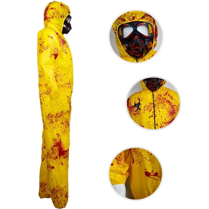 Détails du costume hazmat - vue de profil, masque à gaz et fermeture zippée