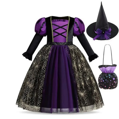 Robe et chapeau de sorcière violette avec sac à bonbons à motif étoile
