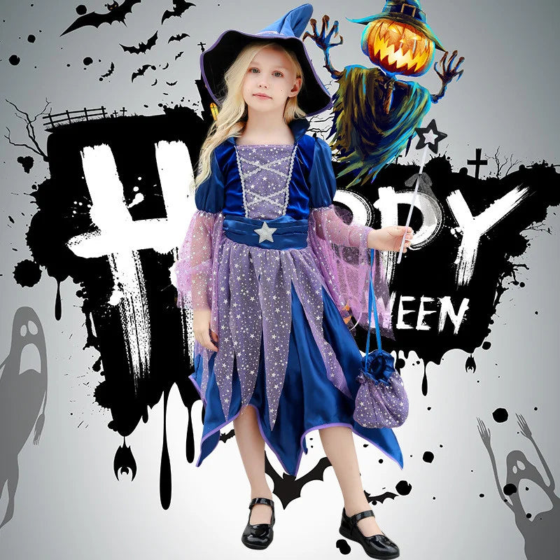 Fillette en robe et chapeau de sorcière étoilée tenant une baguette, fond graphique Joyeux Halloween