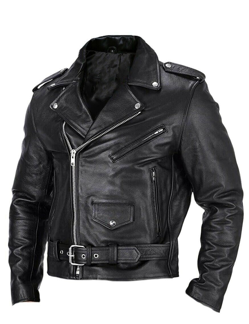 Veste motard homme similicuir noir, vue de face avec ceinture ajustable