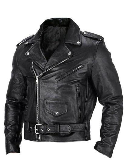Veste motard homme similicuir noir, vue de face avec ceinture ajustable