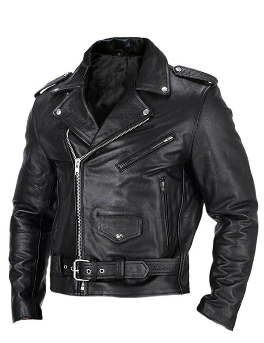 Veste motard homme similicuir noir, vue de face avec ceinture ajustable