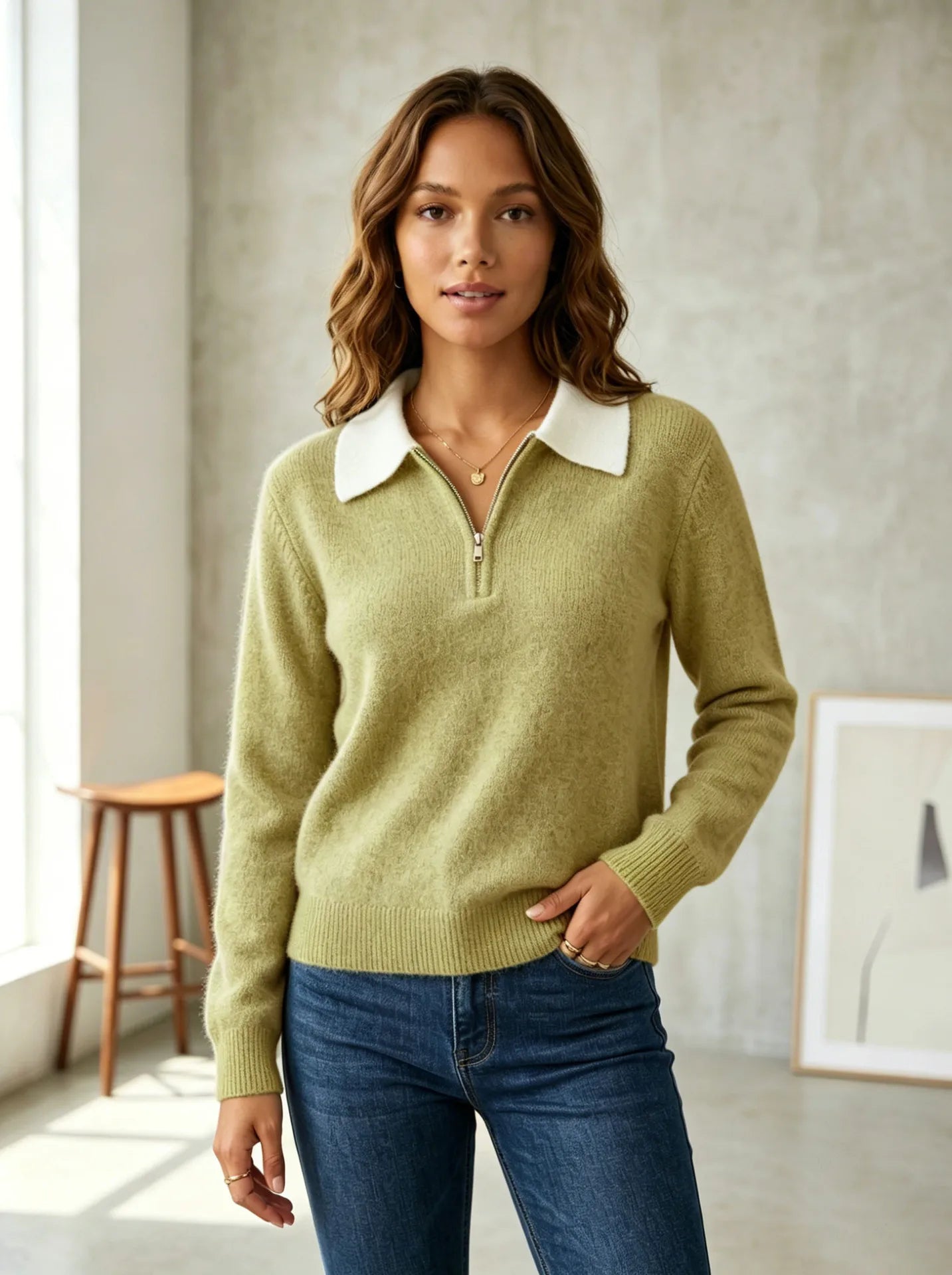 Pull polo col contrasté demi-zip couleur olive, vue de face