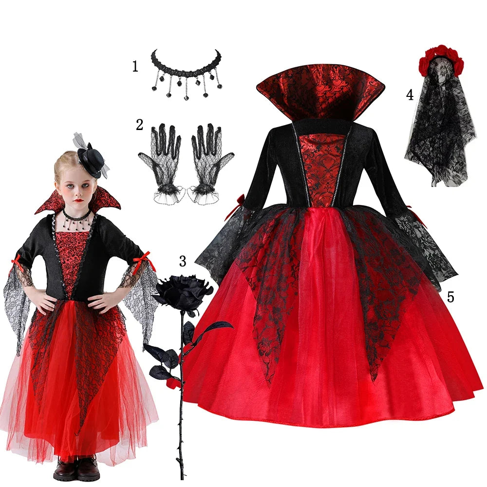 Robe gothique vampire rouge et noire pour fille avec collier, gants et voile