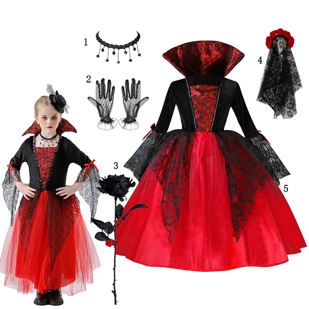 Fillette portant la robe gothique vampire rouge et noire avec collier, gants et voile