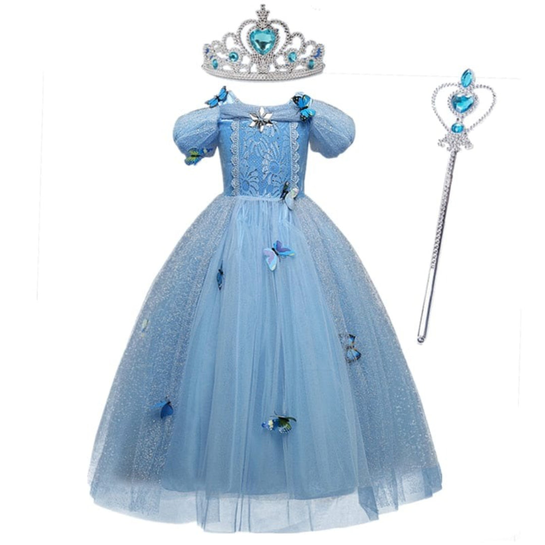 Robe de princesse papillon bleue avec tiare et baguette assorties