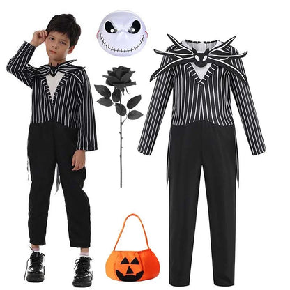 Combinaison squelette avec masque, rose noire et sac à bonbons citrouille