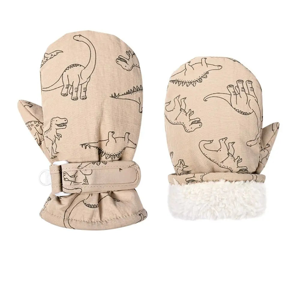 Moufles de ski imperméables enfant motif dinosaure avec poignet sherpa, coloris kaki