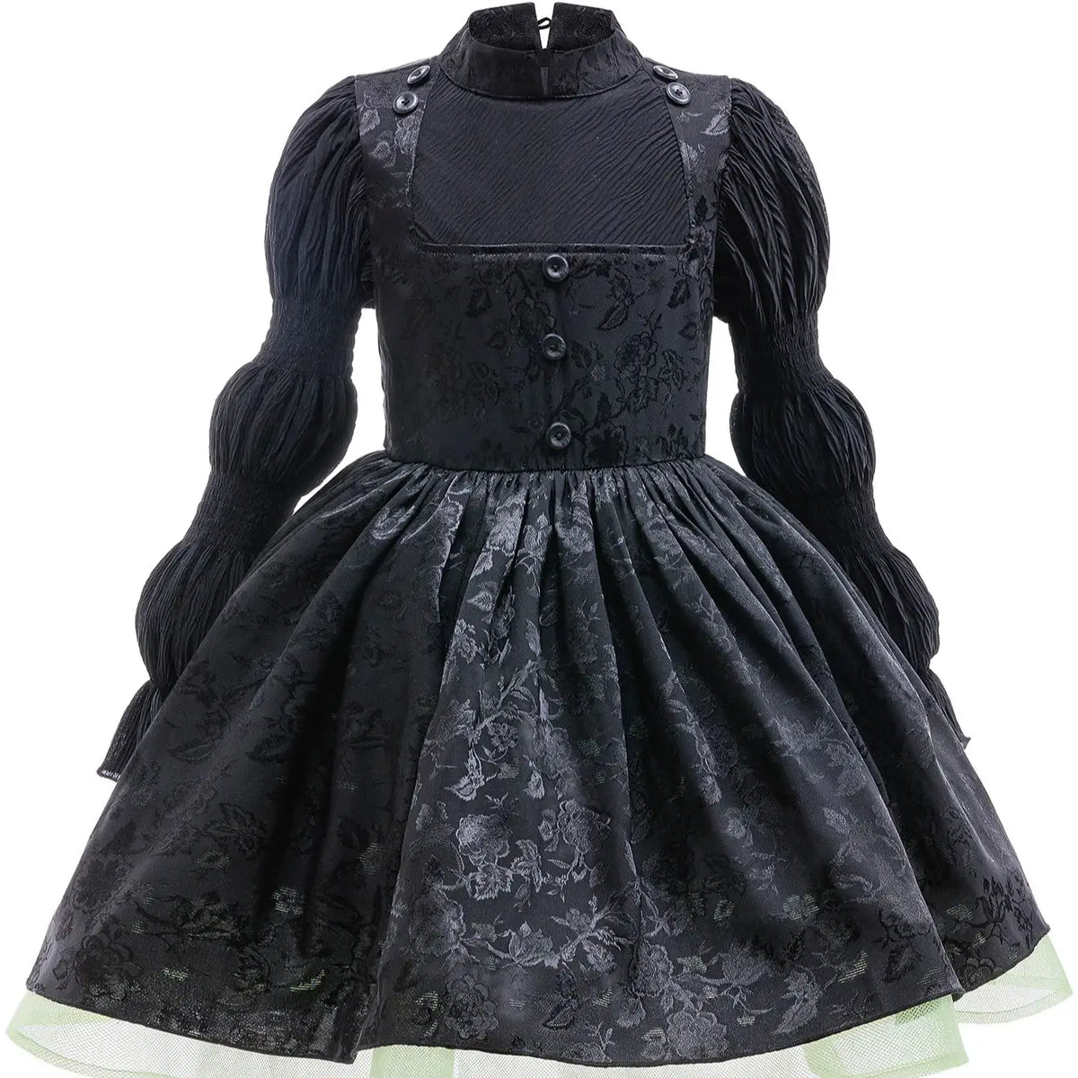 Robe de sorcière gothique fille vue de face, jacquard noir à manches bouffées