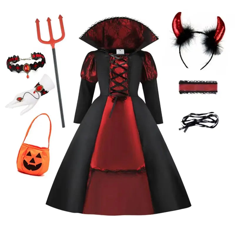 Ensemble deluxe de déguisement vampire fille avec fourche, cornes, bracelet, gants et serre-tête