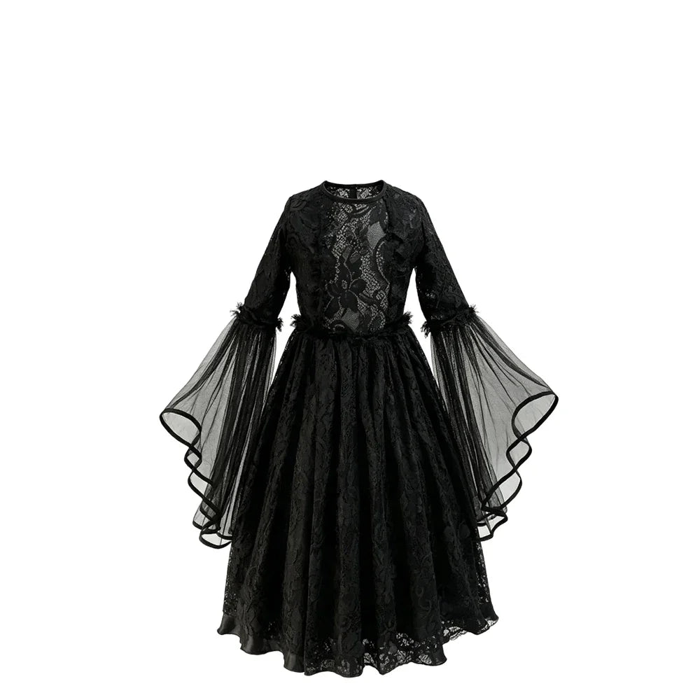 Robe gothique noire en dentelle à manches évasées, sans accessoires